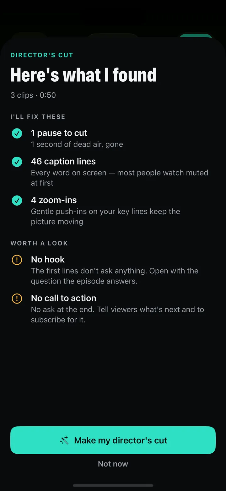 Director's cut: here's what I found — pauses to cut, caption lines, zoom-ins