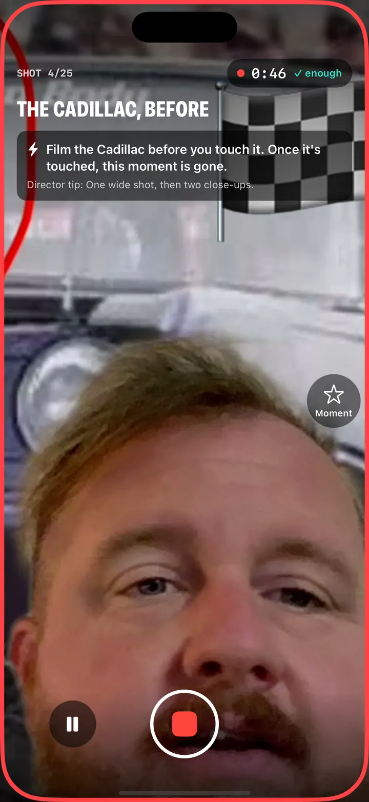 Recording a shot with the direction on screen and a red tally frame