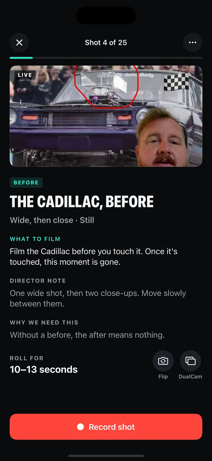 A shot card: The Cadillac, before — what to film, director note, why we need this, roll for 10 to 13 seconds